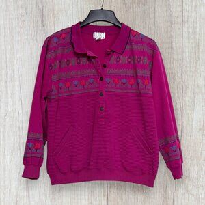 BLAST Vintage 90s Magenta Pullover Terry Sweater Tribal Print Collared Women's M